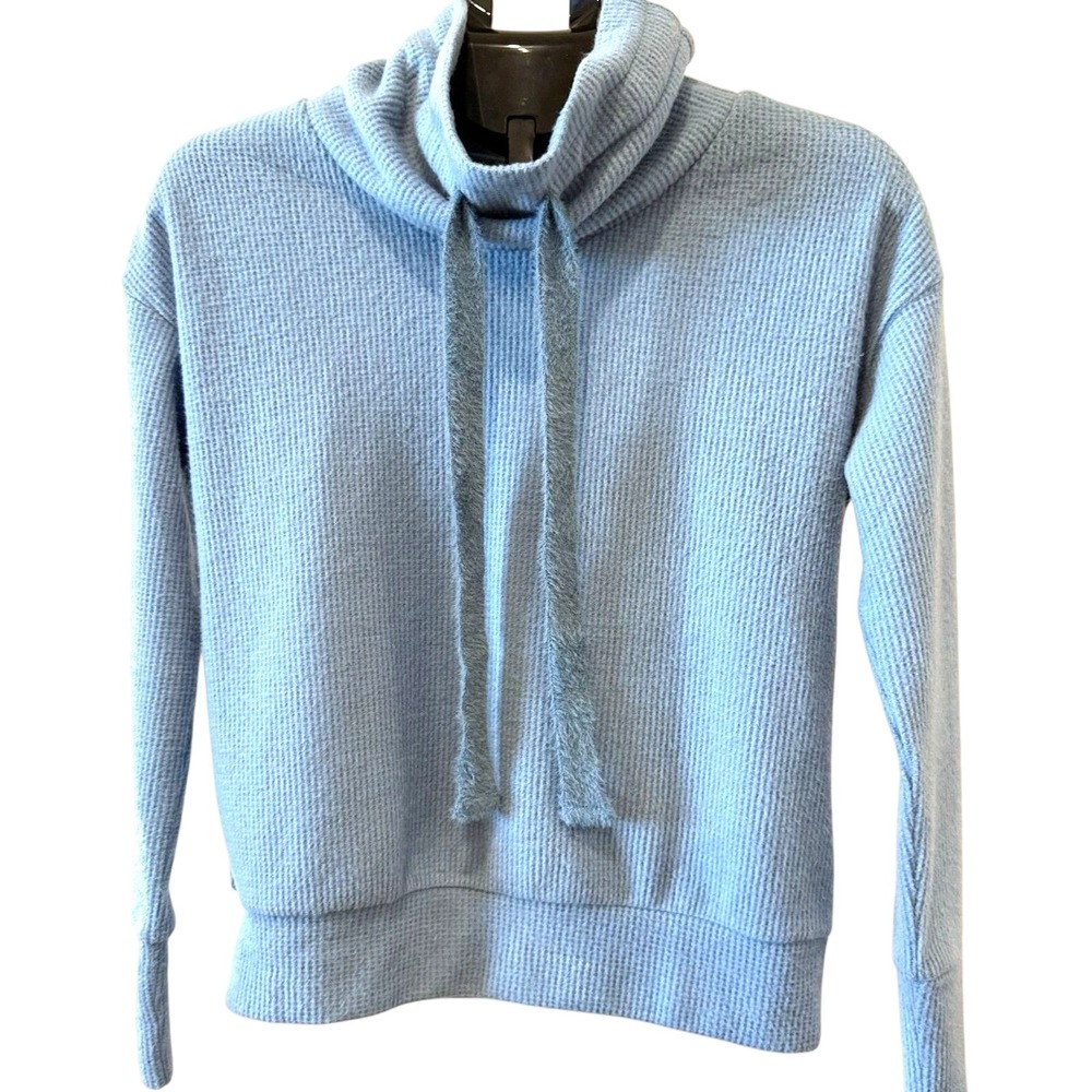 HALARA Womens Small Cowl Neck Blue Waffle Knit Drawstring Sweater - Picture 2 of 10